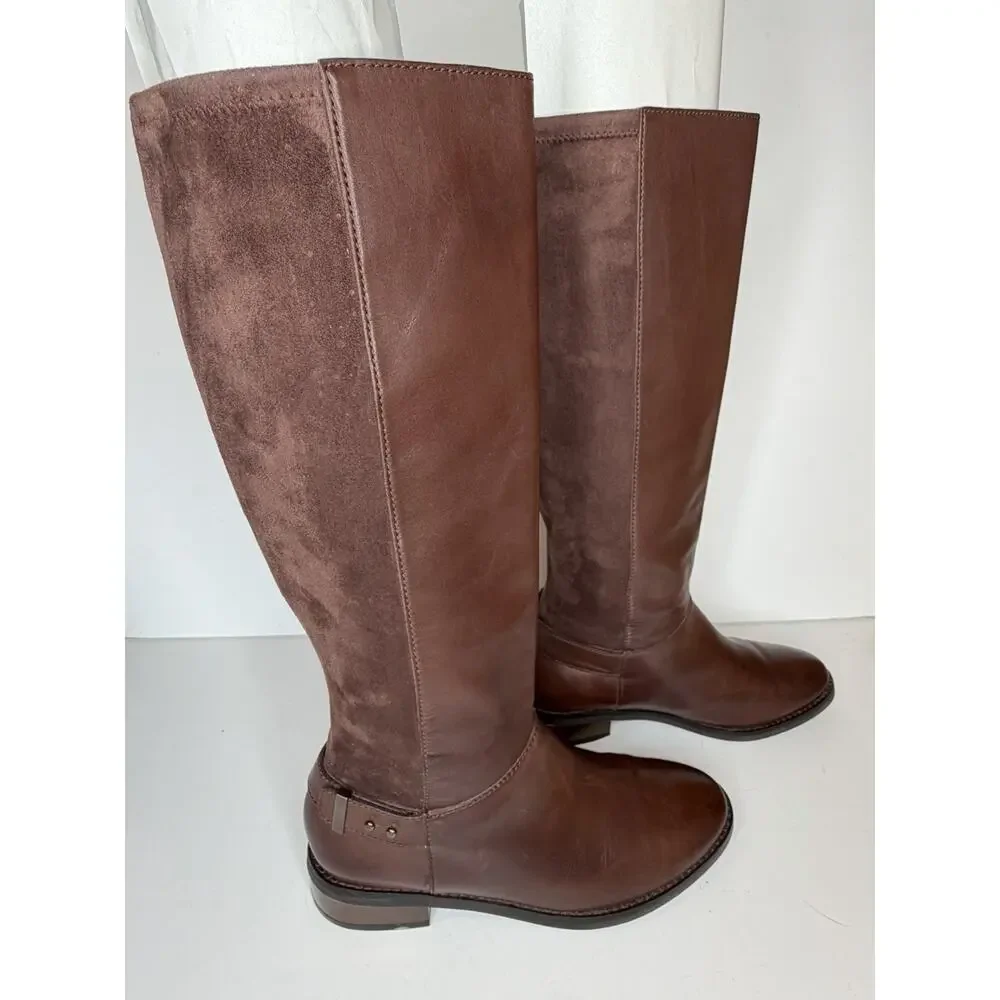Cole Haan Air Riding Boots Womens 7B Brown Leather Suede Knee High D40817